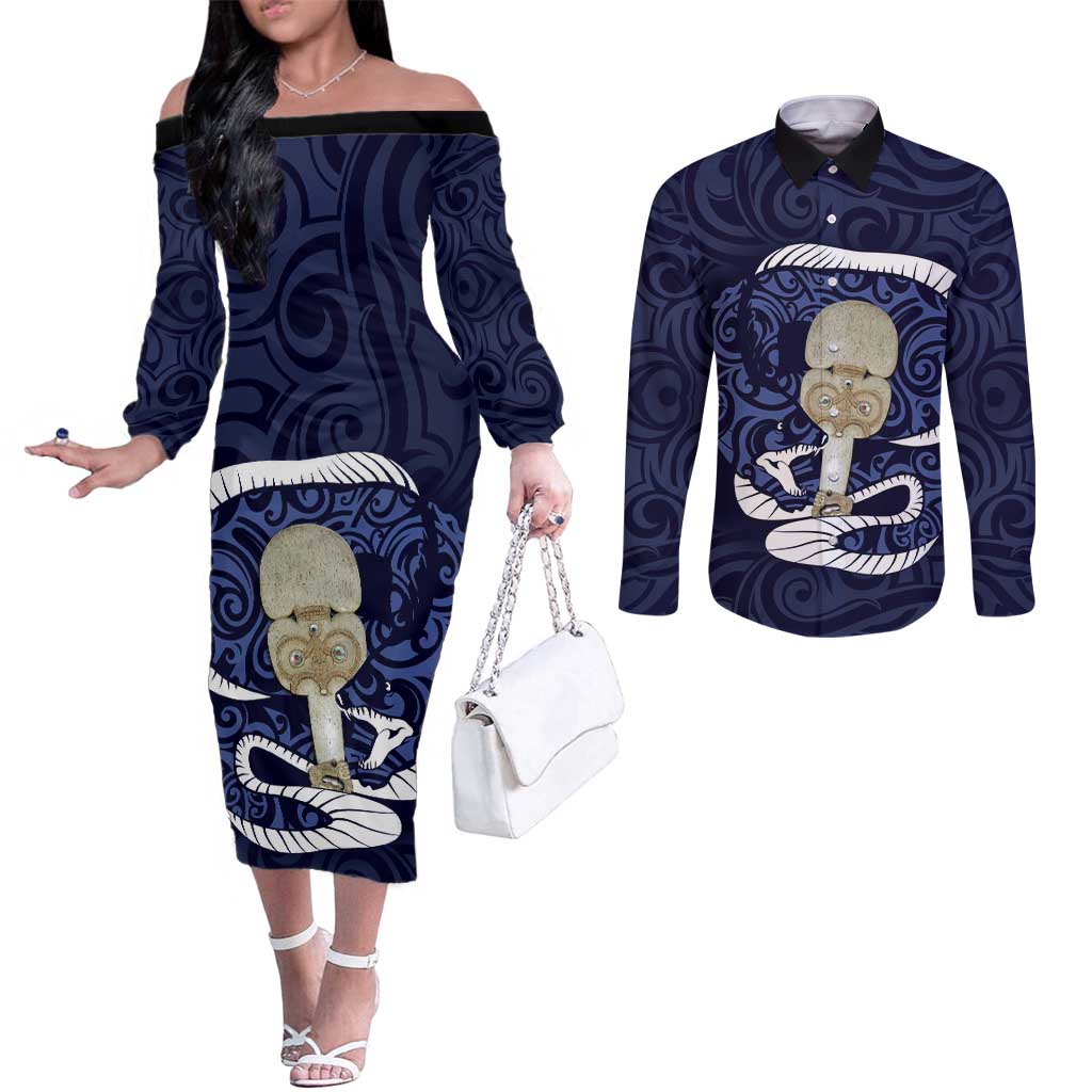 Blue New Zealand Eel Couples Matching Off The Shoulder Long Sleeve Dress and Long Sleeve Button Shirt Aotearoa Maori Tuna With Kotiate Weapon LT14 Blue - Polynesian Pride