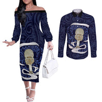 Blue New Zealand Eel Couples Matching Off The Shoulder Long Sleeve Dress and Long Sleeve Button Shirt Aotearoa Maori Tuna With Kotiate Weapon LT14 Blue - Polynesian Pride