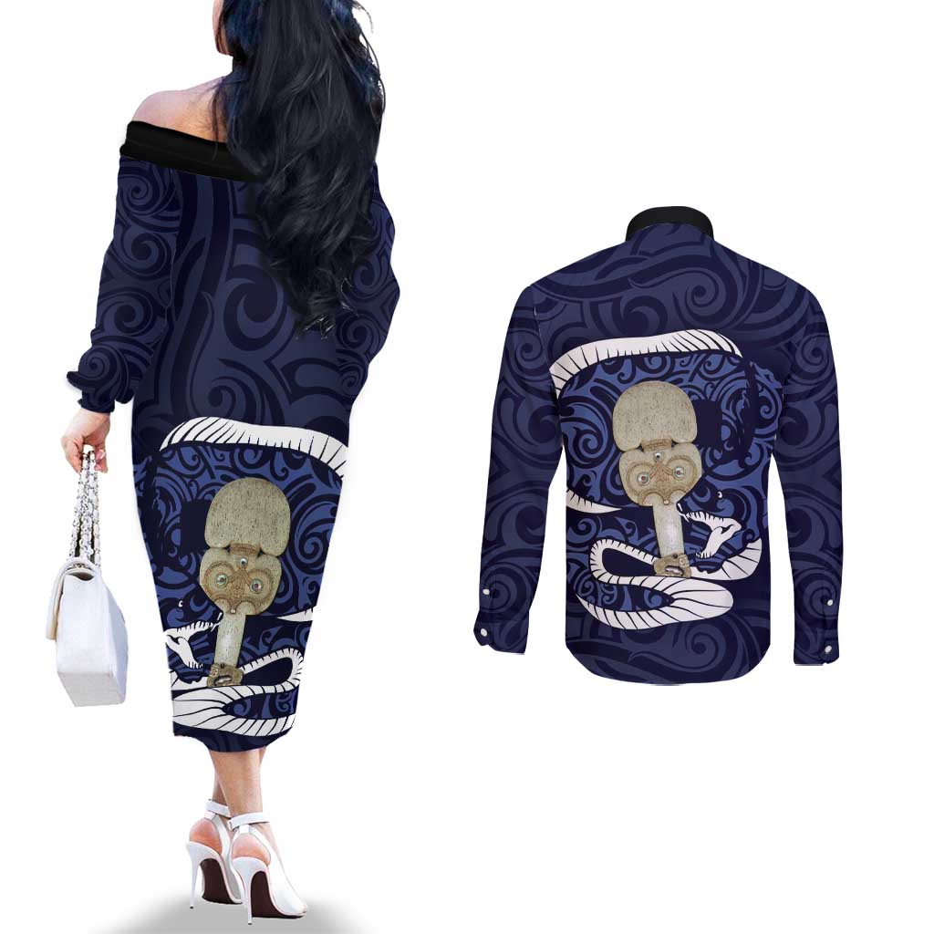 Blue New Zealand Eel Couples Matching Off The Shoulder Long Sleeve Dress and Long Sleeve Button Shirt Aotearoa Maori Tuna With Kotiate Weapon LT14 - Polynesian Pride