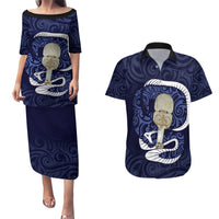 Blue New Zealand Eel Couples Matching Puletasi and Hawaiian Shirt Aotearoa Maori Tuna With Kotiate Weapon LT14 Blue - Polynesian Pride