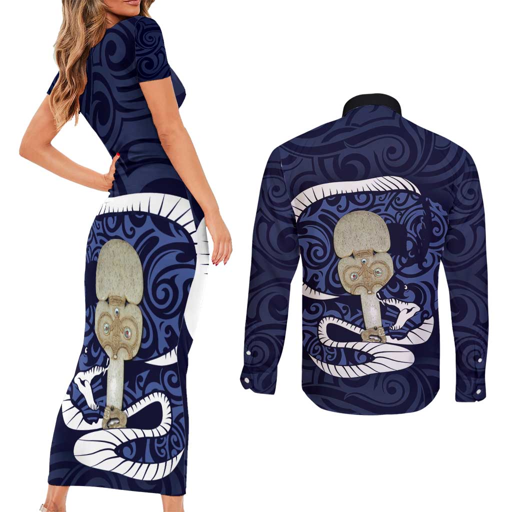 Blue New Zealand Eel Couples Matching Short Sleeve Bodycon Dress and Long Sleeve Button Shirt Aotearoa Maori Tuna With Kotiate Weapon LT14 - Polynesian Pride