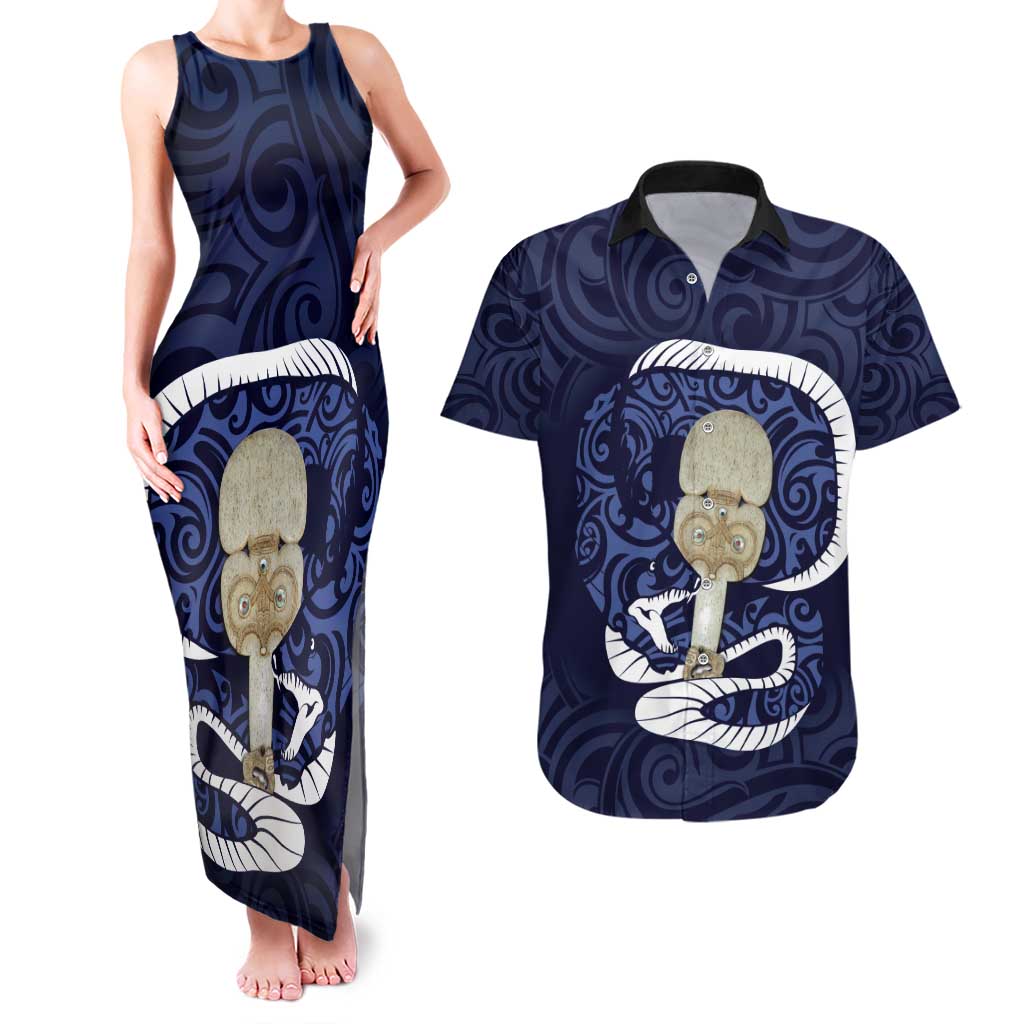 Blue New Zealand Eel Couples Matching Tank Maxi Dress and Hawaiian Shirt Aotearoa Maori Tuna With Kotiate Weapon LT14 Blue - Polynesian Pride