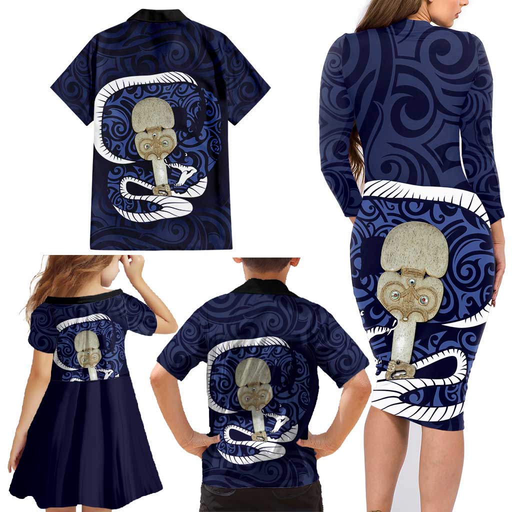 Blue New Zealand Eel Family Matching Long Sleeve Bodycon Dress and Hawaiian Shirt Aotearoa Maori Tuna With Kotiate Weapon LT14 - Polynesian Pride