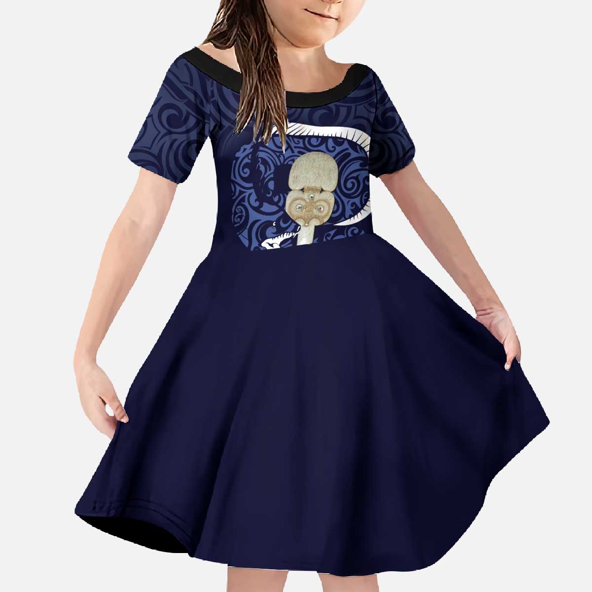 Blue New Zealand Eel Family Matching Off The Shoulder Long Sleeve Dress and Hawaiian Shirt Aotearoa Maori Tuna With Kotiate Weapon LT14 Daughter's Dress Blue - Polynesian Pride