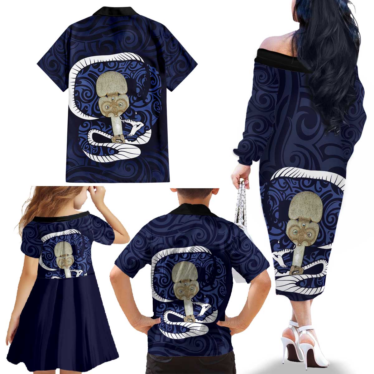 Blue New Zealand Eel Family Matching Off The Shoulder Long Sleeve Dress and Hawaiian Shirt Aotearoa Maori Tuna With Kotiate Weapon LT14 - Polynesian Pride