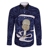 Blue New Zealand Eel Family Matching Off The Shoulder Long Sleeve Dress and Hawaiian Shirt Aotearoa Maori Tuna With Kotiate Weapon LT14 Dad's Shirt - Long Sleeve Blue - Polynesian Pride