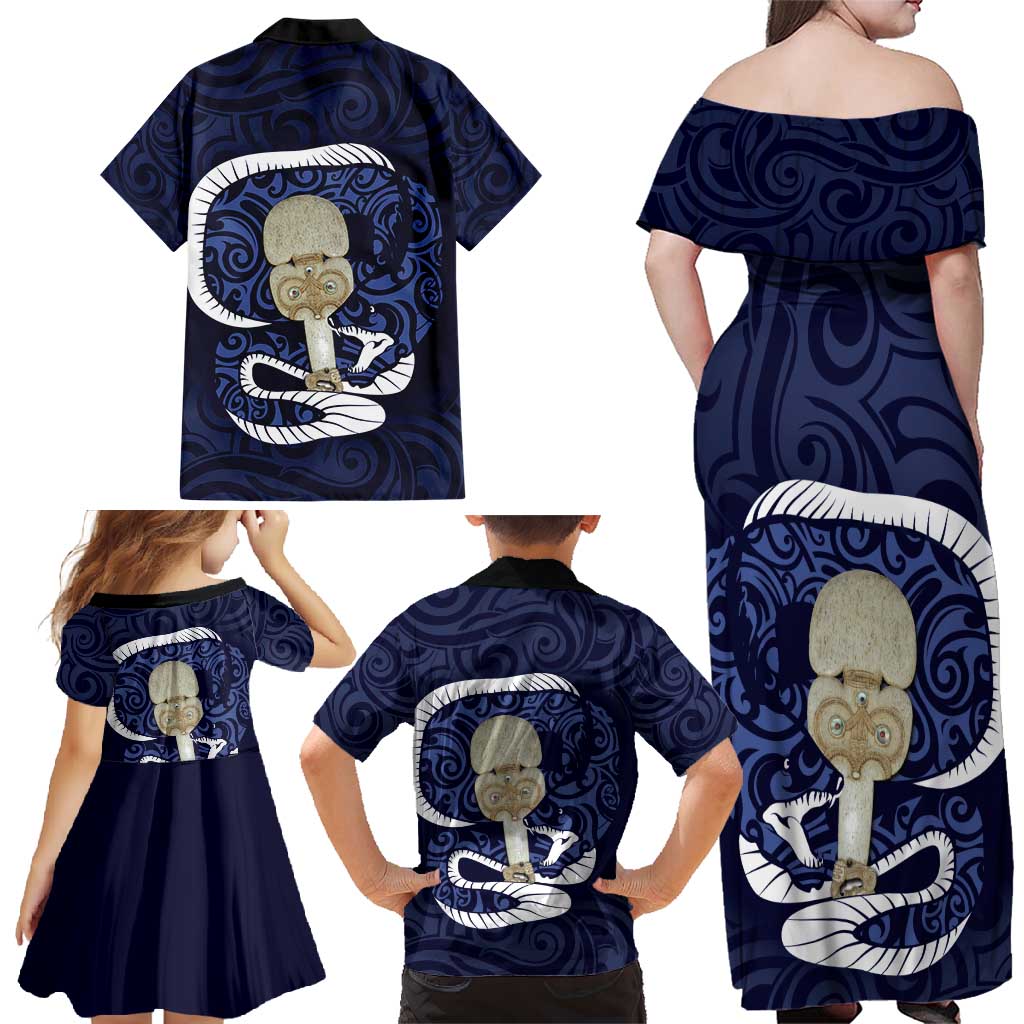 Blue New Zealand Eel Family Matching Off Shoulder Maxi Dress and Hawaiian Shirt Aotearoa Maori Tuna With Kotiate Weapon LT14 - Polynesian Pride