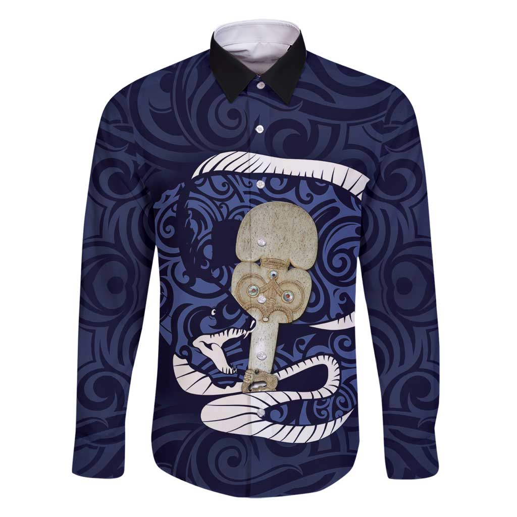 Blue New Zealand Eel Family Matching Off Shoulder Maxi Dress and Hawaiian Shirt Aotearoa Maori Tuna With Kotiate Weapon LT14 Dad's Shirt - Long Sleeve Blue - Polynesian Pride