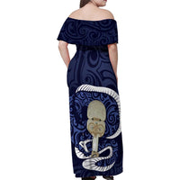 Blue New Zealand Eel Family Matching Off Shoulder Maxi Dress and Hawaiian Shirt Aotearoa Maori Tuna With Kotiate Weapon LT14 - Polynesian Pride