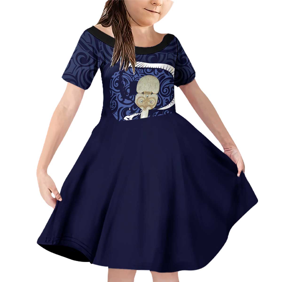 Blue New Zealand Eel Family Matching Off Shoulder Short Dress and Hawaiian Shirt Aotearoa Maori Tuna With Kotiate Weapon LT14 Daughter's Dress Blue - Polynesian Pride
