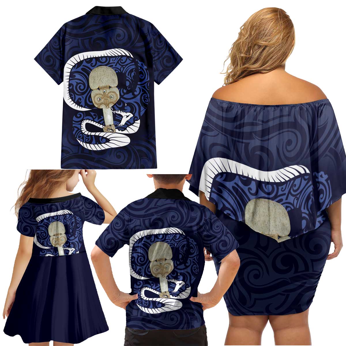 Blue New Zealand Eel Family Matching Off Shoulder Short Dress and Hawaiian Shirt Aotearoa Maori Tuna With Kotiate Weapon LT14 - Polynesian Pride