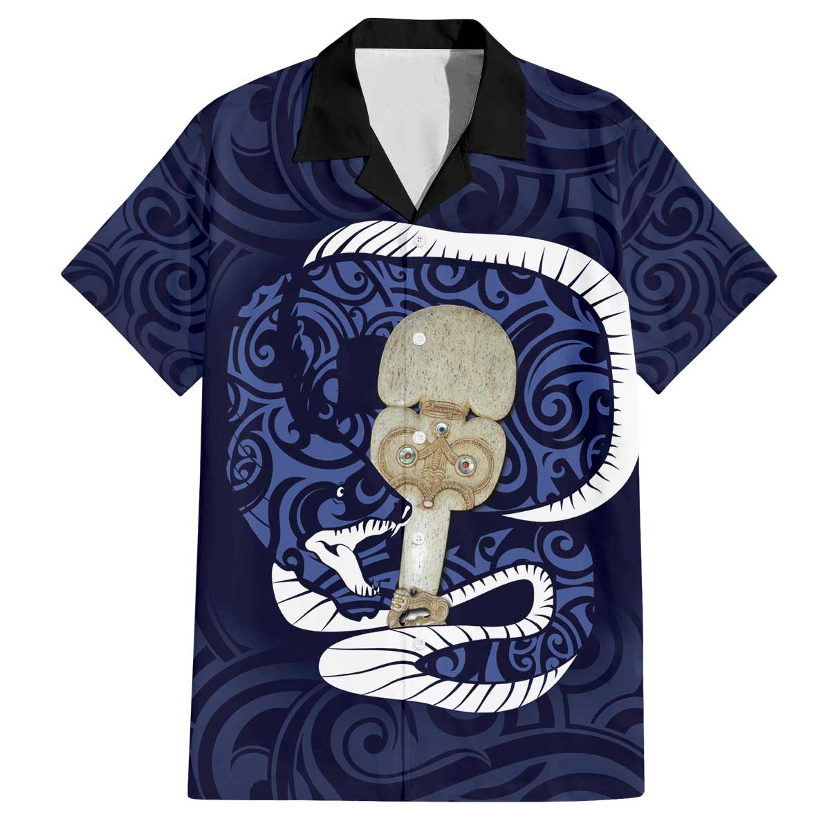 Blue New Zealand Eel Family Matching Puletasi and Hawaiian Shirt Aotearoa Maori Tuna With Kotiate Weapon LT14 Dad's Shirt - Short Sleeve Blue - Polynesian Pride