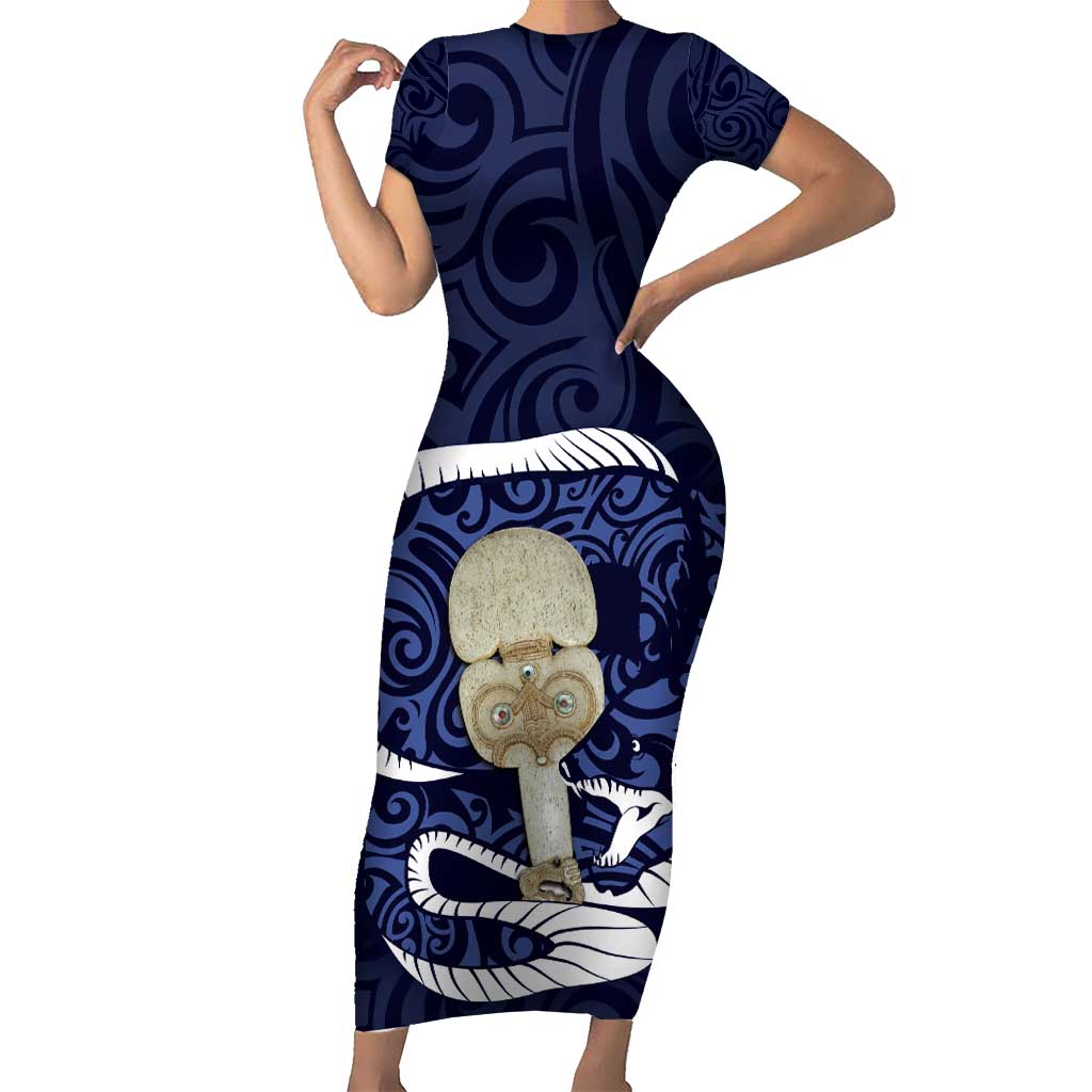 Blue New Zealand Eel Family Matching Short Sleeve Bodycon Dress and Hawaiian Shirt Aotearoa Maori Tuna With Kotiate Weapon LT14 Mom's Dress Blue - Polynesian Pride