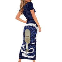 Blue New Zealand Eel Family Matching Short Sleeve Bodycon Dress and Hawaiian Shirt Aotearoa Maori Tuna With Kotiate Weapon LT14 - Polynesian Pride