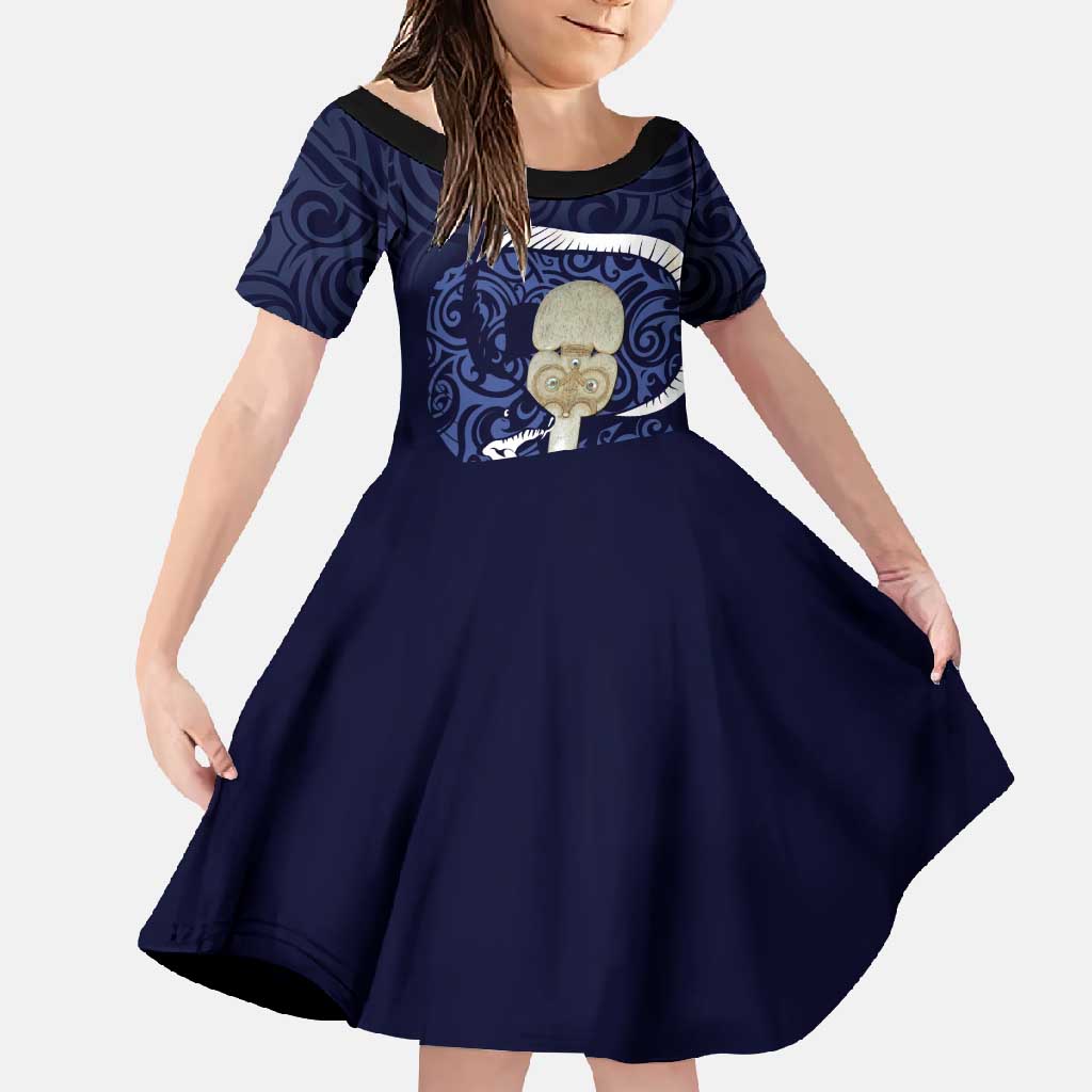 Blue New Zealand Eel Family Matching Summer Maxi Dress and Hawaiian Shirt Aotearoa Maori Tuna With Kotiate Weapon LT14 Daughter's Dress Blue - Polynesian Pride
