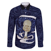 Blue New Zealand Eel Family Matching Tank Maxi Dress and Hawaiian Shirt Aotearoa Maori Tuna With Kotiate Weapon LT14 Dad's Shirt - Long Sleeve Blue - Polynesian Pride