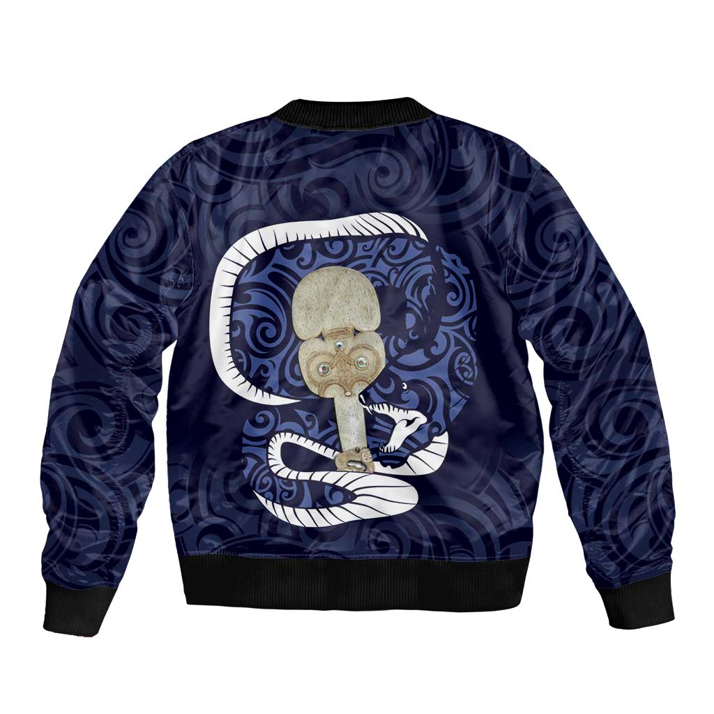 Blue New Zealand Eel Sleeve Zip Bomber Jacket Aotearoa Maori Tuna With Kotiate Weapon LT14 - Polynesian Pride