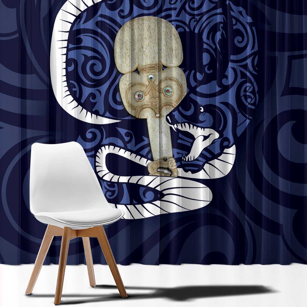 Blue New Zealand Eel Window Curtain Aotearoa Maori Tuna With Kotiate Weapon