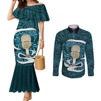 Turquoise New Zealand Eel Couples Matching Mermaid Dress and Long Sleeve Button Shirt Aotearoa Maori Tuna With Kotiate Weapon LT14 Turquoise - Polynesian Pride