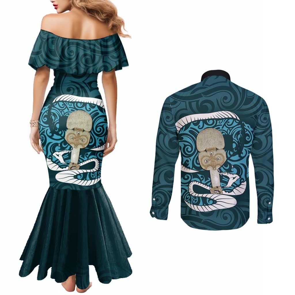 Turquoise New Zealand Eel Couples Matching Mermaid Dress and Long Sleeve Button Shirt Aotearoa Maori Tuna With Kotiate Weapon LT14 - Polynesian Pride