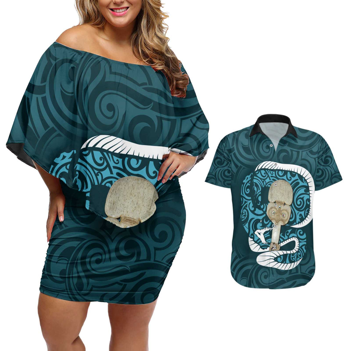 Turquoise New Zealand Eel Couples Matching Off Shoulder Short Dress and Hawaiian Shirt Aotearoa Maori Tuna With Kotiate Weapon LT14 Turquoise - Polynesian Pride
