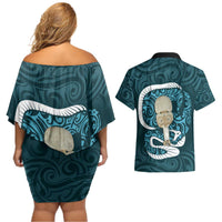 Turquoise New Zealand Eel Couples Matching Off Shoulder Short Dress and Hawaiian Shirt Aotearoa Maori Tuna With Kotiate Weapon LT14 - Polynesian Pride