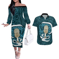 Turquoise New Zealand Eel Couples Matching Off The Shoulder Long Sleeve Dress and Hawaiian Shirt Aotearoa Maori Tuna With Kotiate Weapon LT14 Turquoise - Polynesian Pride