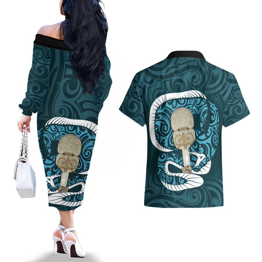 Turquoise New Zealand Eel Couples Matching Off The Shoulder Long Sleeve Dress and Hawaiian Shirt Aotearoa Maori Tuna With Kotiate Weapon LT14 - Polynesian Pride