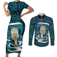 Turquoise New Zealand Eel Couples Matching Short Sleeve Bodycon Dress and Long Sleeve Button Shirt Aotearoa Maori Tuna With Kotiate Weapon LT14 Turquoise - Polynesian Pride
