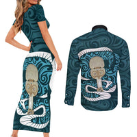 Turquoise New Zealand Eel Couples Matching Short Sleeve Bodycon Dress and Long Sleeve Button Shirt Aotearoa Maori Tuna With Kotiate Weapon LT14 - Polynesian Pride