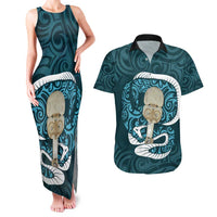 Turquoise New Zealand Eel Couples Matching Tank Maxi Dress and Hawaiian Shirt Aotearoa Maori Tuna With Kotiate Weapon LT14 Turquoise - Polynesian Pride