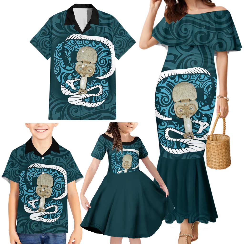Turquoise New Zealand Eel Family Matching Mermaid Dress and Hawaiian Shirt Aotearoa Maori Tuna With Kotiate Weapon LT14 - Polynesian Pride