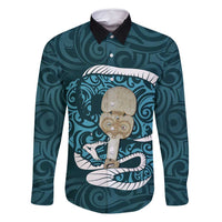 Turquoise New Zealand Eel Family Matching Mermaid Dress and Hawaiian Shirt Aotearoa Maori Tuna With Kotiate Weapon LT14 Dad's Shirt - Long Sleeve Turquoise - Polynesian Pride