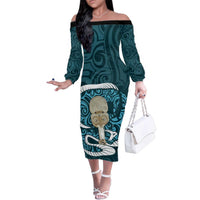 Turquoise New Zealand Eel Family Matching Off The Shoulder Long Sleeve Dress and Hawaiian Shirt Aotearoa Maori Tuna With Kotiate Weapon LT14 Mom's Dress Turquoise - Polynesian Pride