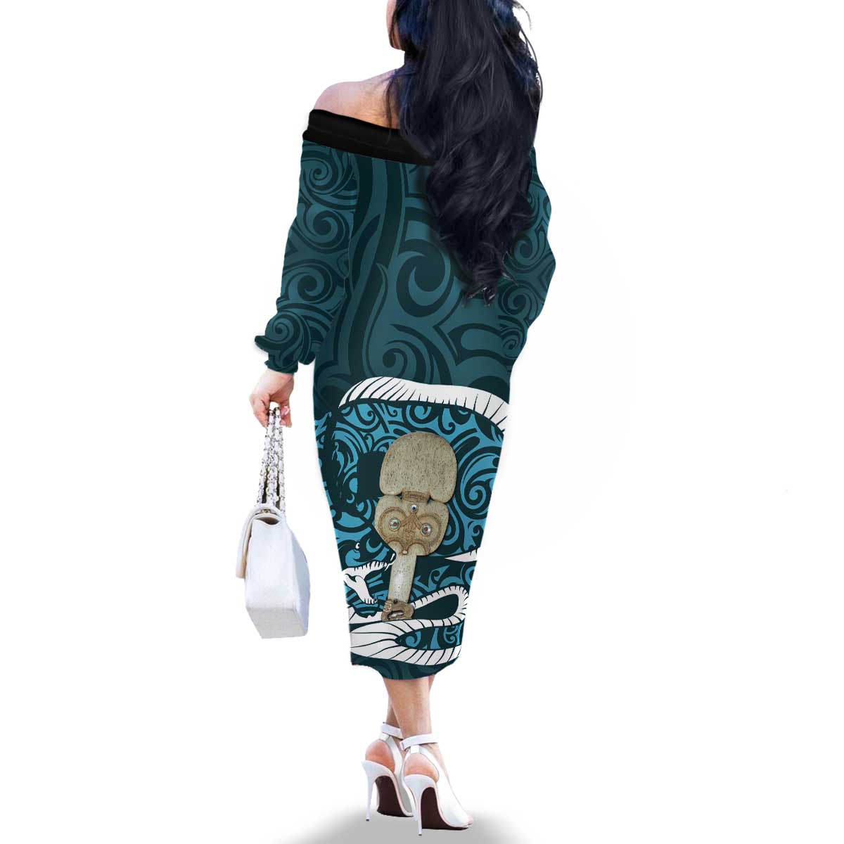 Turquoise New Zealand Eel Family Matching Off The Shoulder Long Sleeve Dress and Hawaiian Shirt Aotearoa Maori Tuna With Kotiate Weapon LT14 - Polynesian Pride
