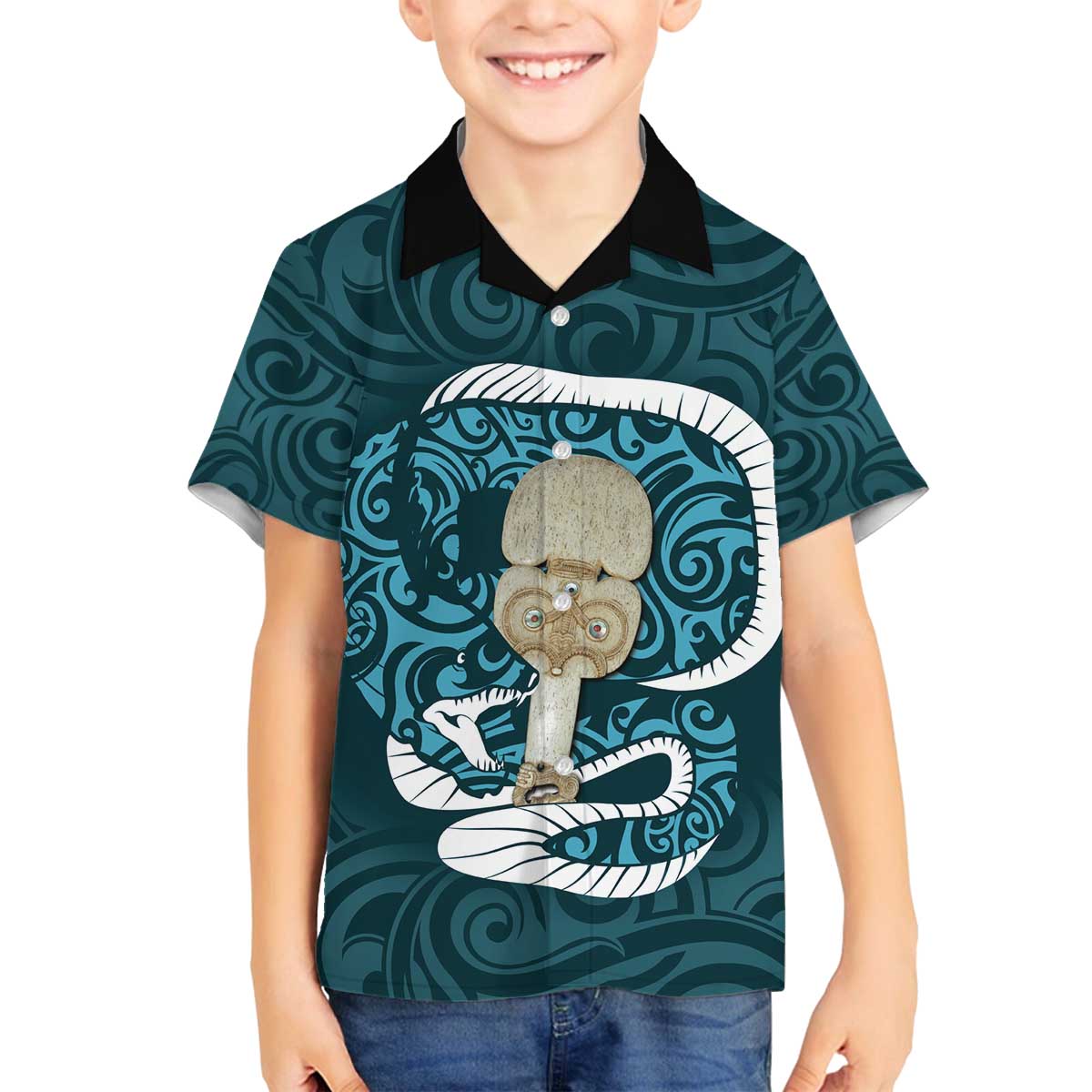 Turquoise New Zealand Eel Family Matching Off The Shoulder Long Sleeve Dress and Hawaiian Shirt Aotearoa Maori Tuna With Kotiate Weapon LT14 Son's Shirt Turquoise - Polynesian Pride