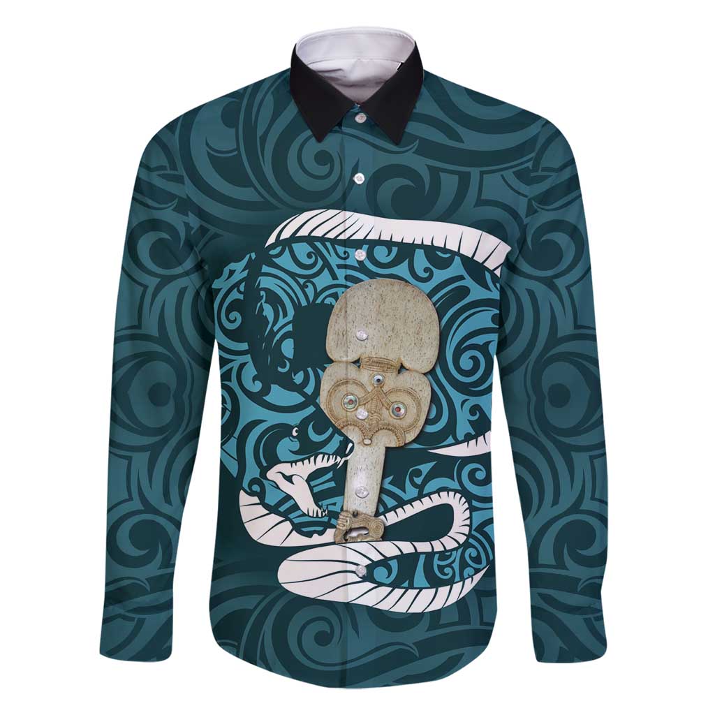 Turquoise New Zealand Eel Family Matching Off Shoulder Maxi Dress and Hawaiian Shirt Aotearoa Maori Tuna With Kotiate Weapon LT14 Dad's Shirt - Long Sleeve Turquoise - Polynesian Pride