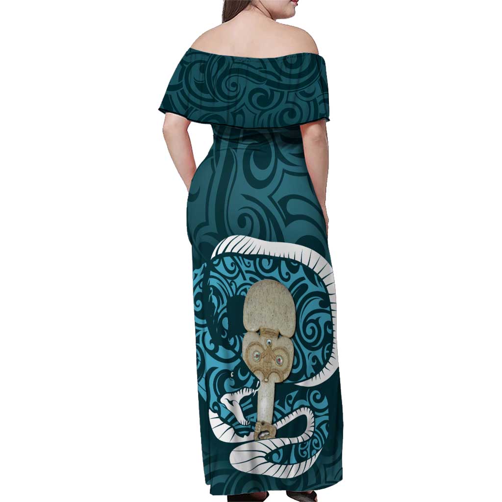 Turquoise New Zealand Eel Family Matching Off Shoulder Maxi Dress and Hawaiian Shirt Aotearoa Maori Tuna With Kotiate Weapon LT14 - Polynesian Pride