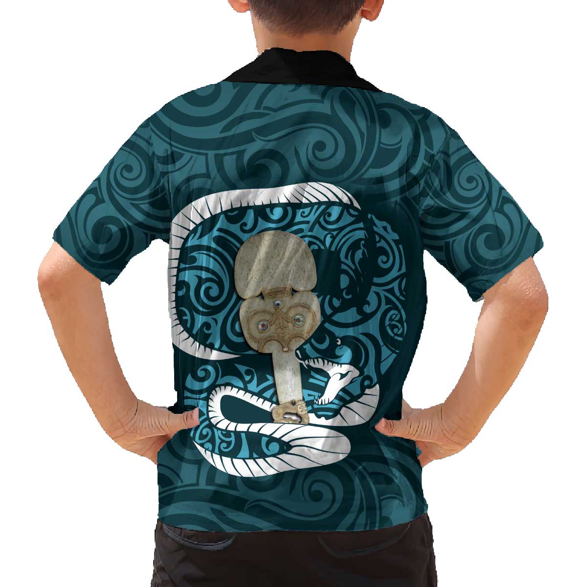 Turquoise New Zealand Eel Family Matching Off Shoulder Short Dress and Hawaiian Shirt Aotearoa Maori Tuna With Kotiate Weapon LT14 - Polynesian Pride