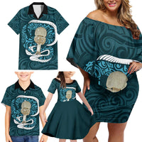Turquoise New Zealand Eel Family Matching Off Shoulder Short Dress and Hawaiian Shirt Aotearoa Maori Tuna With Kotiate Weapon LT14 - Polynesian Pride