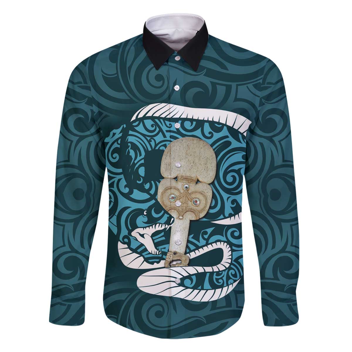 Turquoise New Zealand Eel Family Matching Off Shoulder Short Dress and Hawaiian Shirt Aotearoa Maori Tuna With Kotiate Weapon LT14 Dad's Shirt - Long Sleeve Turquoise - Polynesian Pride