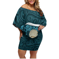 Turquoise New Zealand Eel Family Matching Off Shoulder Short Dress and Hawaiian Shirt Aotearoa Maori Tuna With Kotiate Weapon LT14 Mom's Dress Turquoise - Polynesian Pride