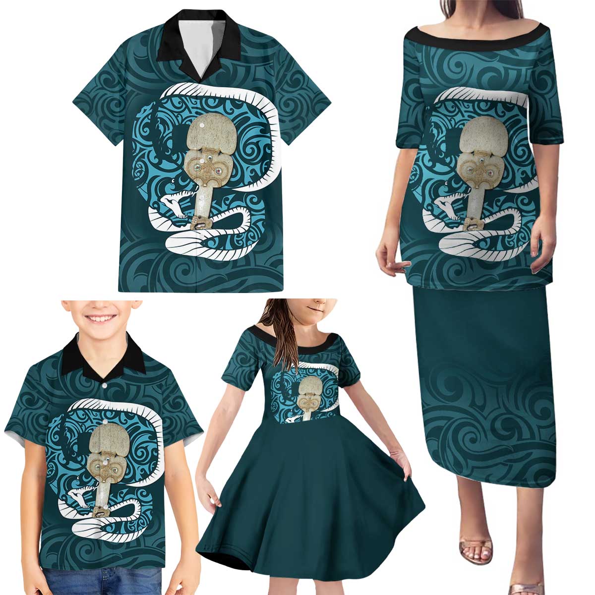 Turquoise New Zealand Eel Family Matching Puletasi and Hawaiian Shirt Aotearoa Maori Tuna With Kotiate Weapon LT14 - Polynesian Pride