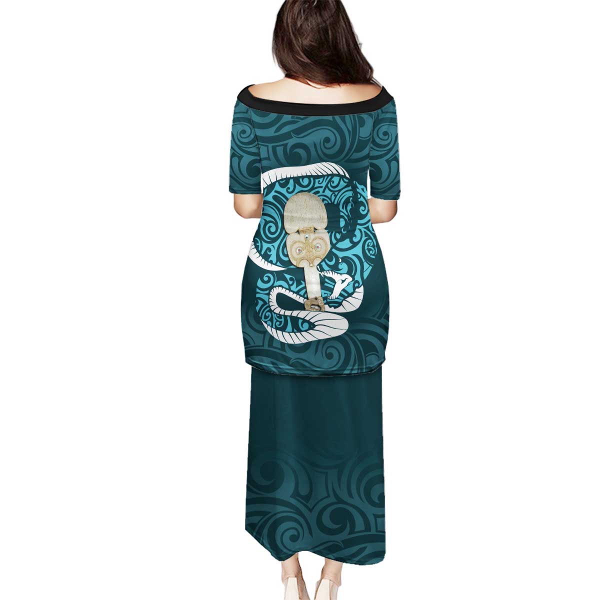 Turquoise New Zealand Eel Family Matching Puletasi and Hawaiian Shirt Aotearoa Maori Tuna With Kotiate Weapon LT14 - Polynesian Pride