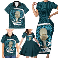 Turquoise New Zealand Eel Family Matching Short Sleeve Bodycon Dress and Hawaiian Shirt Aotearoa Maori Tuna With Kotiate Weapon LT14 - Polynesian Pride