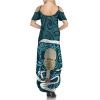 Turquoise New Zealand Eel Family Matching Summer Maxi Dress and Hawaiian Shirt Aotearoa Maori Tuna With Kotiate Weapon LT14 - Polynesian Pride