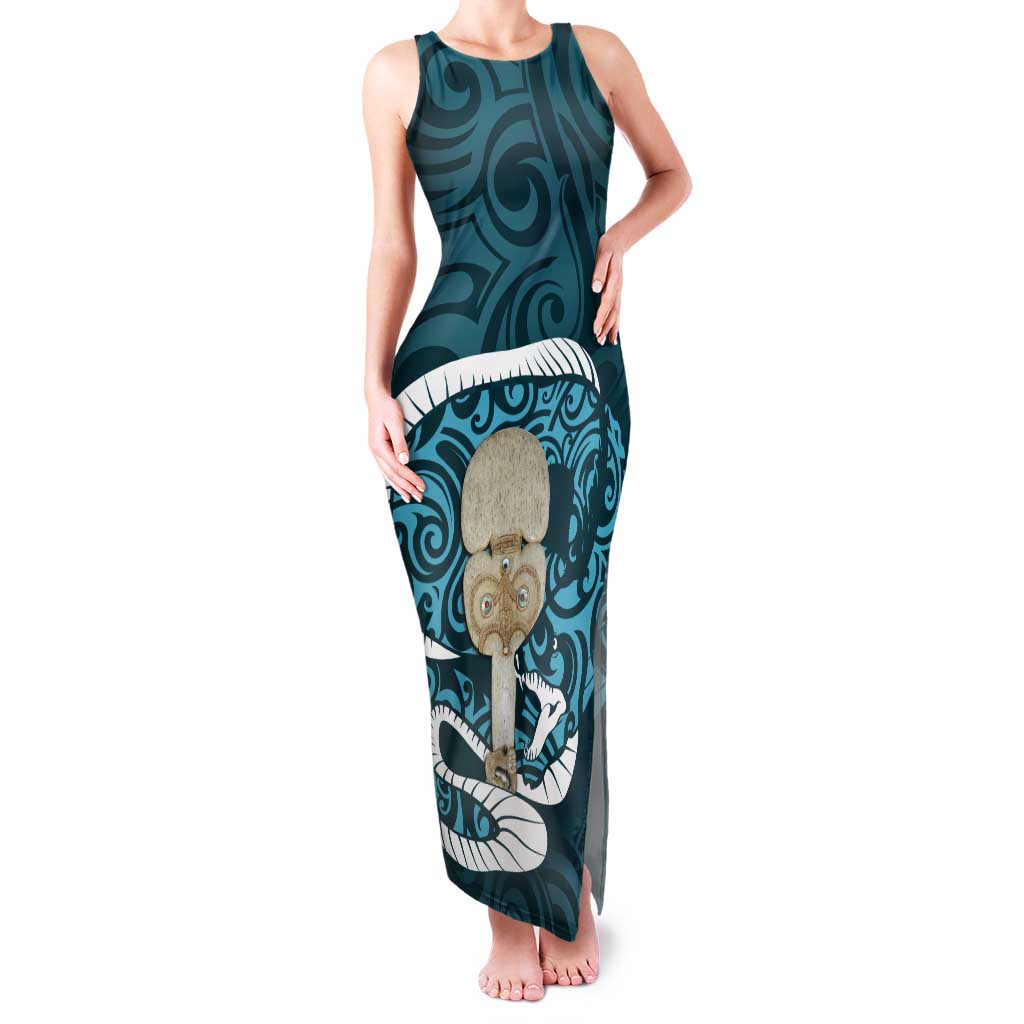 Turquoise New Zealand Eel Family Matching Tank Maxi Dress and Hawaiian Shirt Aotearoa Maori Tuna With Kotiate Weapon LT14 Mom's Dress Turquoise - Polynesian Pride