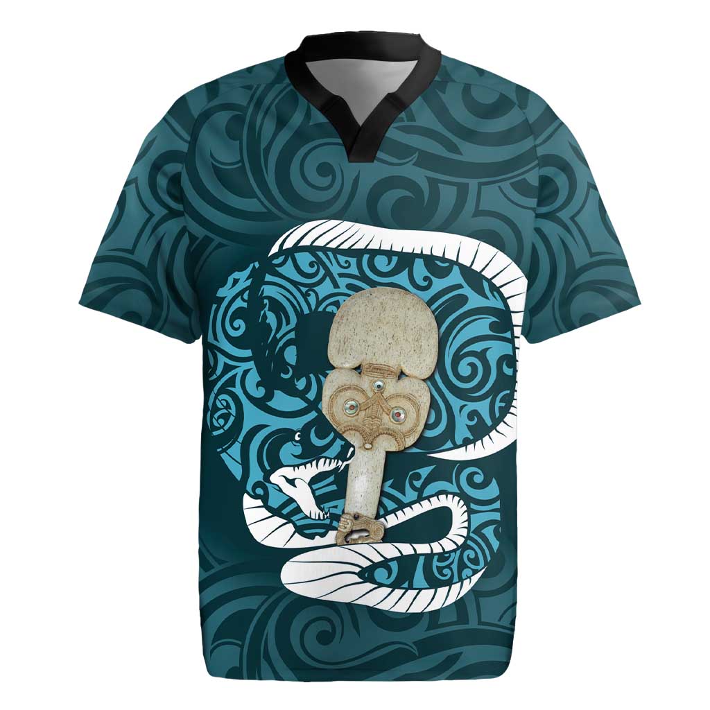 Turquoise New Zealand Eel Rugby Jersey Aotearoa Maori Tuna With Kotiate Weapon LT14 Turquoise - Polynesian Pride