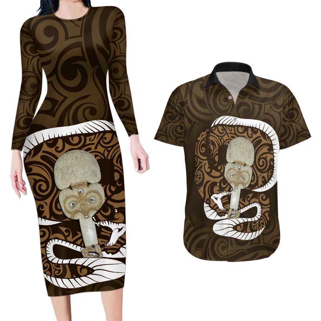 Gold New Zealand Eel Couples Matching Long Sleeve Bodycon Dress and Hawaiian Shirt Aotearoa Maori Tuna With Kotiate Weapon LT14 Gold - Polynesian Pride