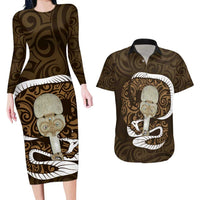 Gold New Zealand Eel Couples Matching Long Sleeve Bodycon Dress and Hawaiian Shirt Aotearoa Maori Tuna With Kotiate Weapon LT14 Gold - Polynesian Pride